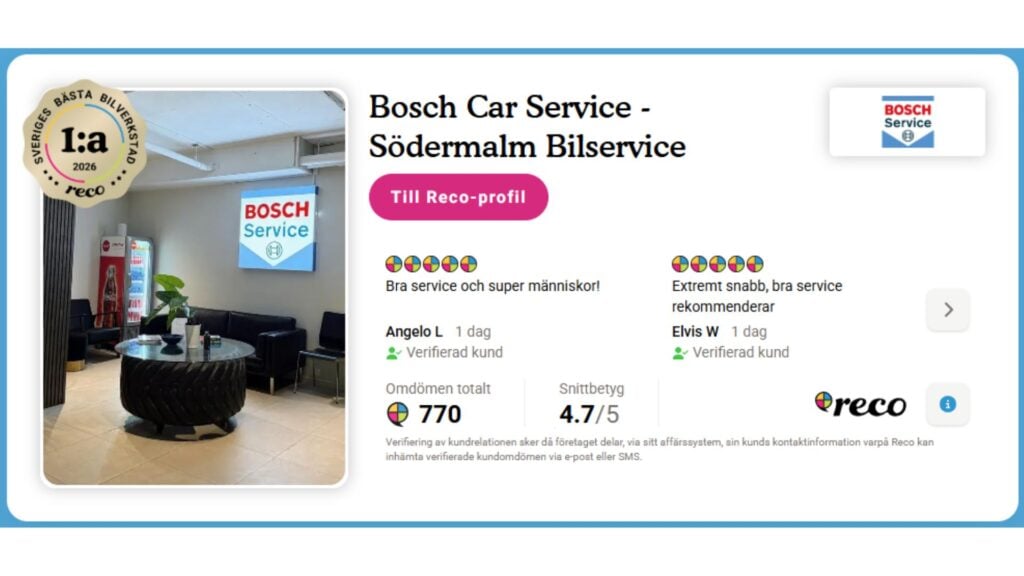 Reco rekommendation och badge för Sveriges bästa bilverkstad